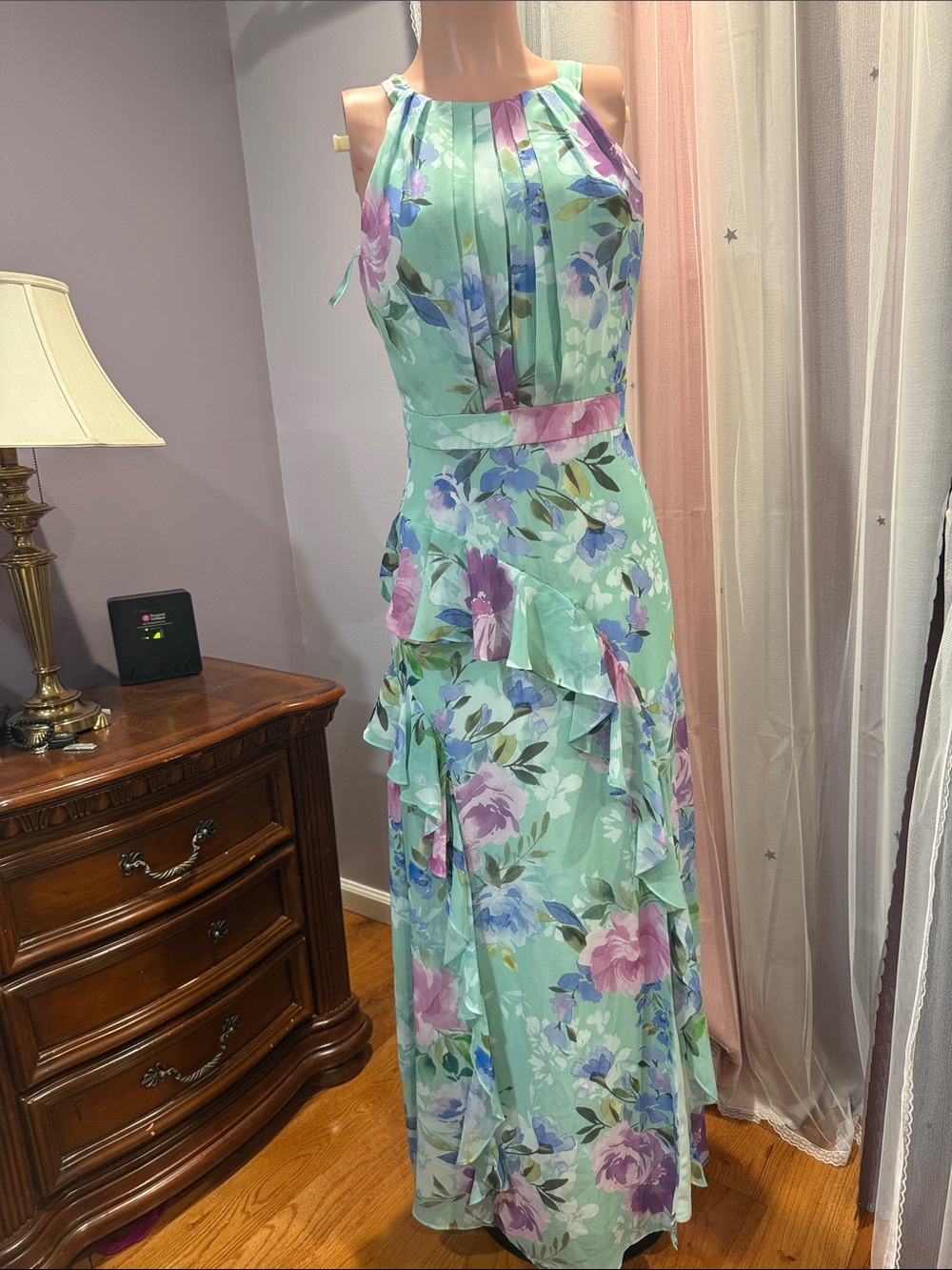 Betsy & Adam Mint Green Floral Halter Maxi Dress